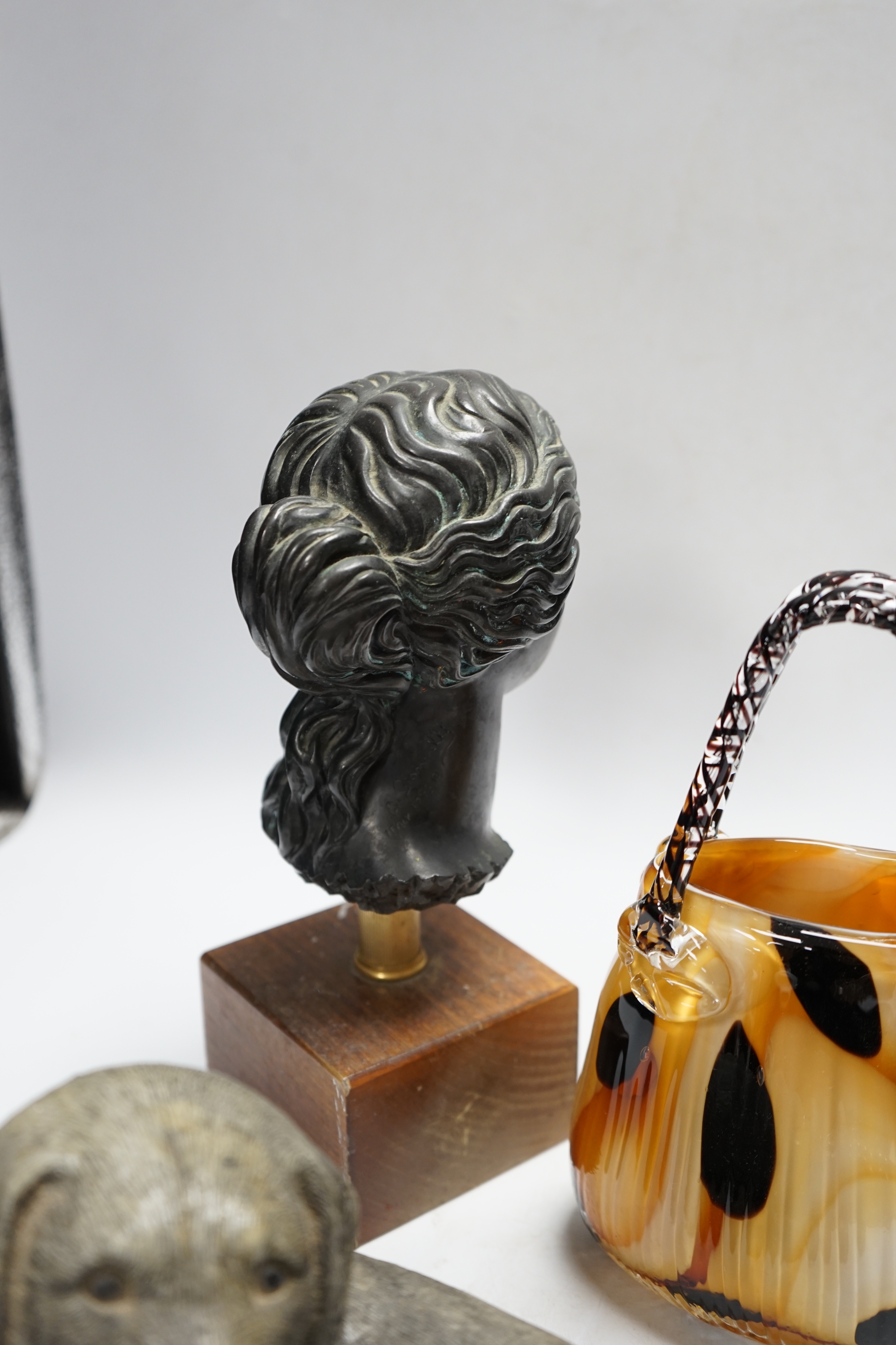 An early 20th century Italian signed bust of a lady, a studio glass basket, model of a dog and a cribbage set (4)